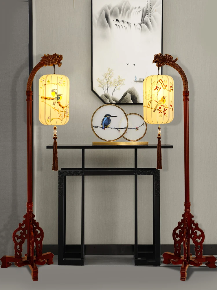 

New Chinese floor lamp Zen tea room retro Chinese style bedroom study antique living room solid wood antique floor lamp