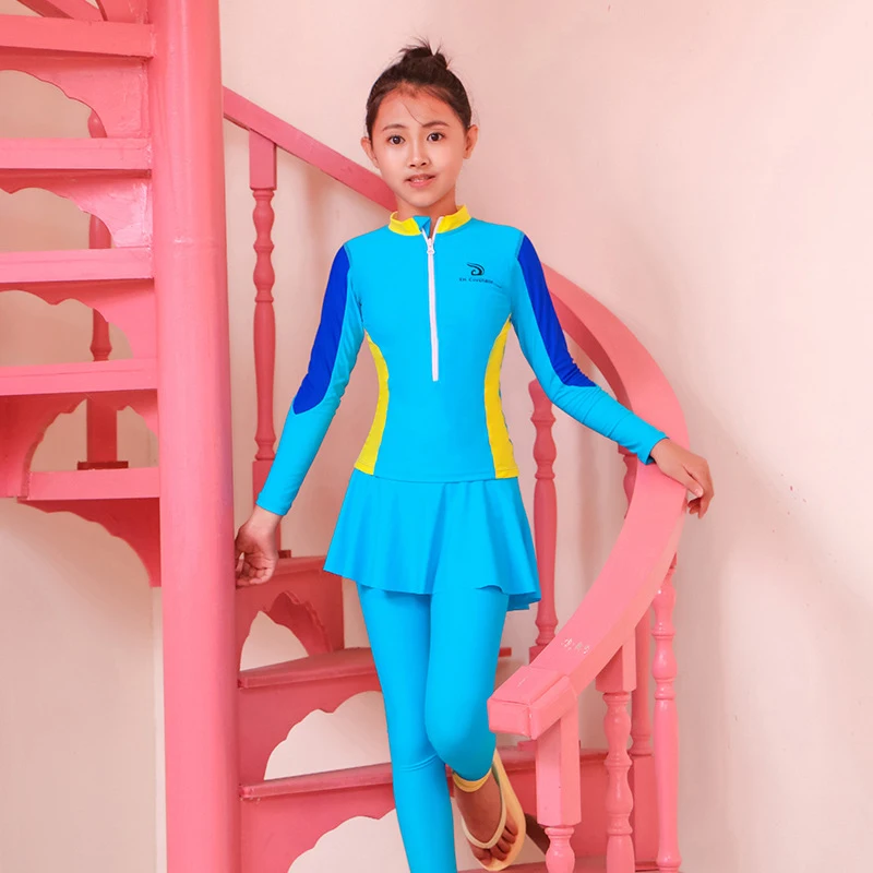 Conservative Muslim Swimsuit For Girls Front Zipper Modest Swimwear Swimming Suit Children Long Sleeve Borkini Mujer Islamico