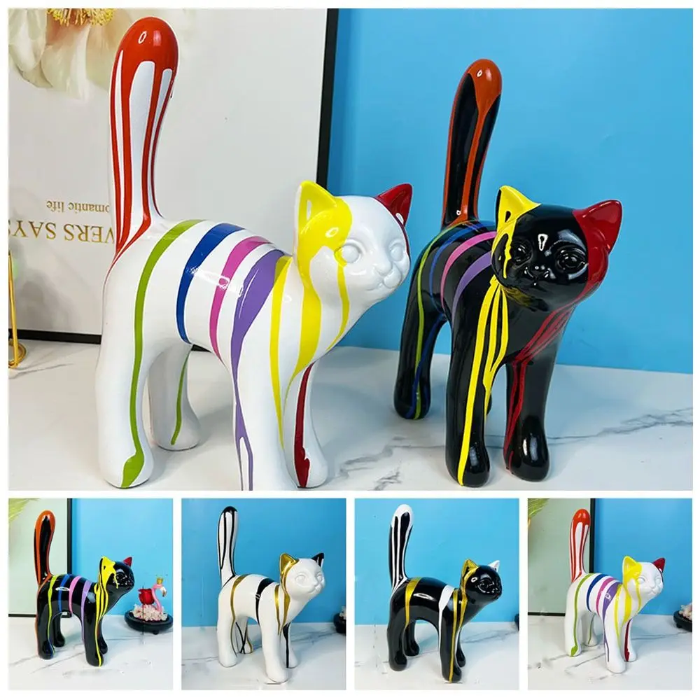 

Splash Art Walking Cat Statue Resin Crafts Colorful Painted Graffiti Cat Handmade Painted Graffiti Colorful Cat Figurine Home