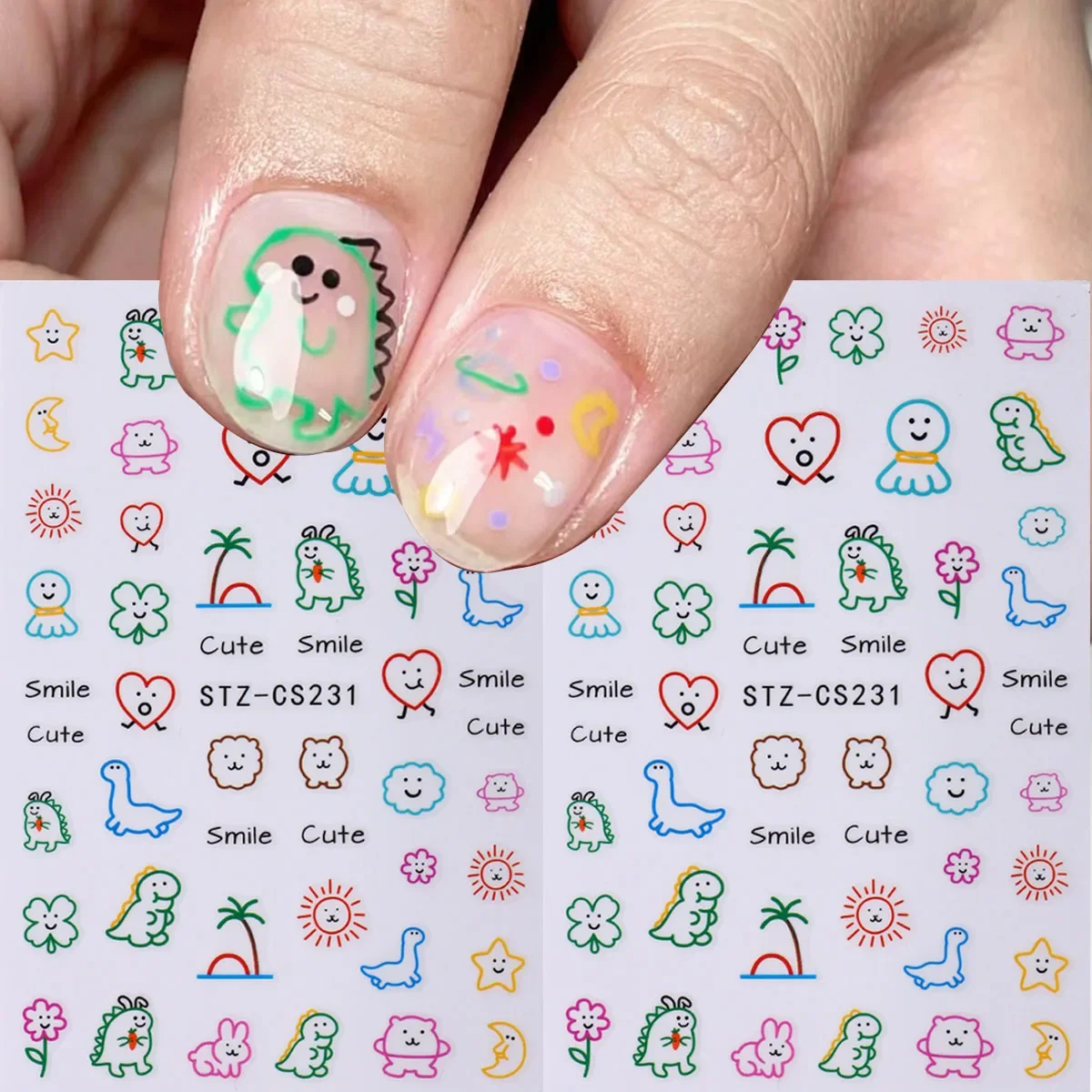 2PCS Cute Dinosaur Nail Art Stickers Japanese Style Sun Face Self-Adhesive Decals Summer Coconut Trees Letter Flower Decoration