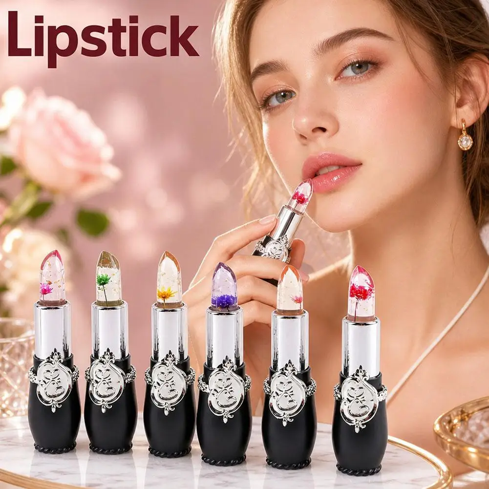 Dried Flower Jelly Lipstick Set 6 Piece Transparent Temperature Changing Lip Balm with Moisturizing Lip Oil Feel for Regular Use