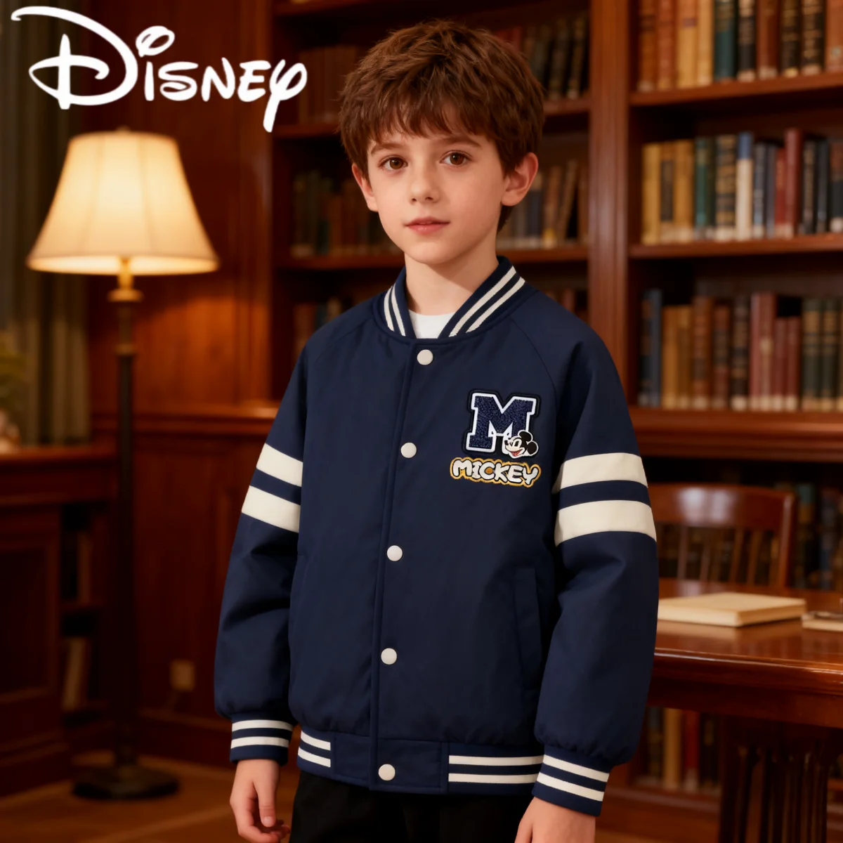 

Disney Kids Thickened Preppy Style Baseball Jacket Boy Cool Mickey Pattern Cotton-padded Outerwear Windproof Warm-keeping Jacket