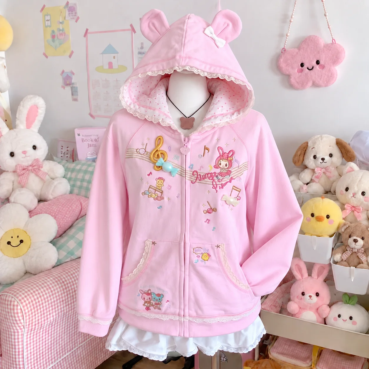 Japanese Cute Coat Embroidery Rabbit Ear Hooded Subculture Kawaii Y2k Tops Casual Fashion Sweet Coats Ropa Mujer Women Clothing image 4