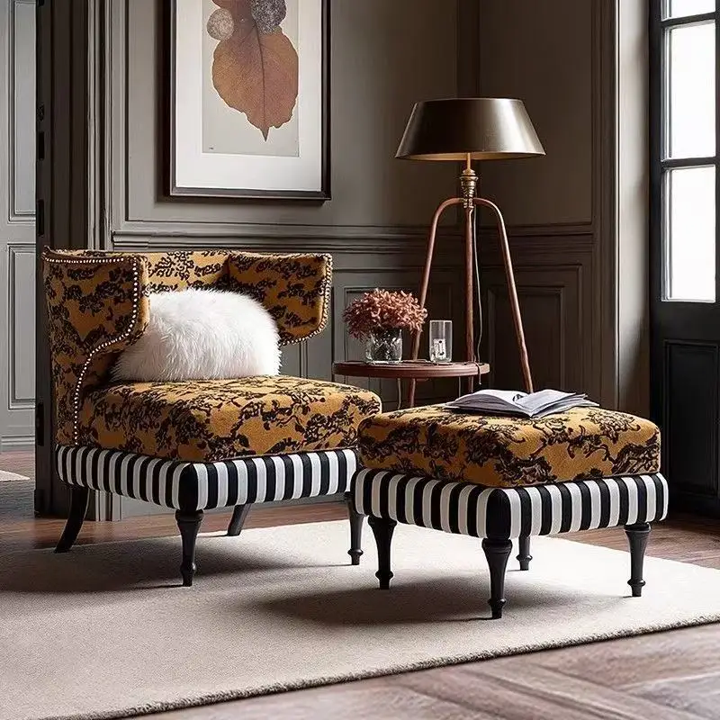 

French Retro Solid Wood Lazy Sofa Chair For Small Spaces, Bedroom, Living Room, Single Lounge Chair, Vintage Style Leisure Chair