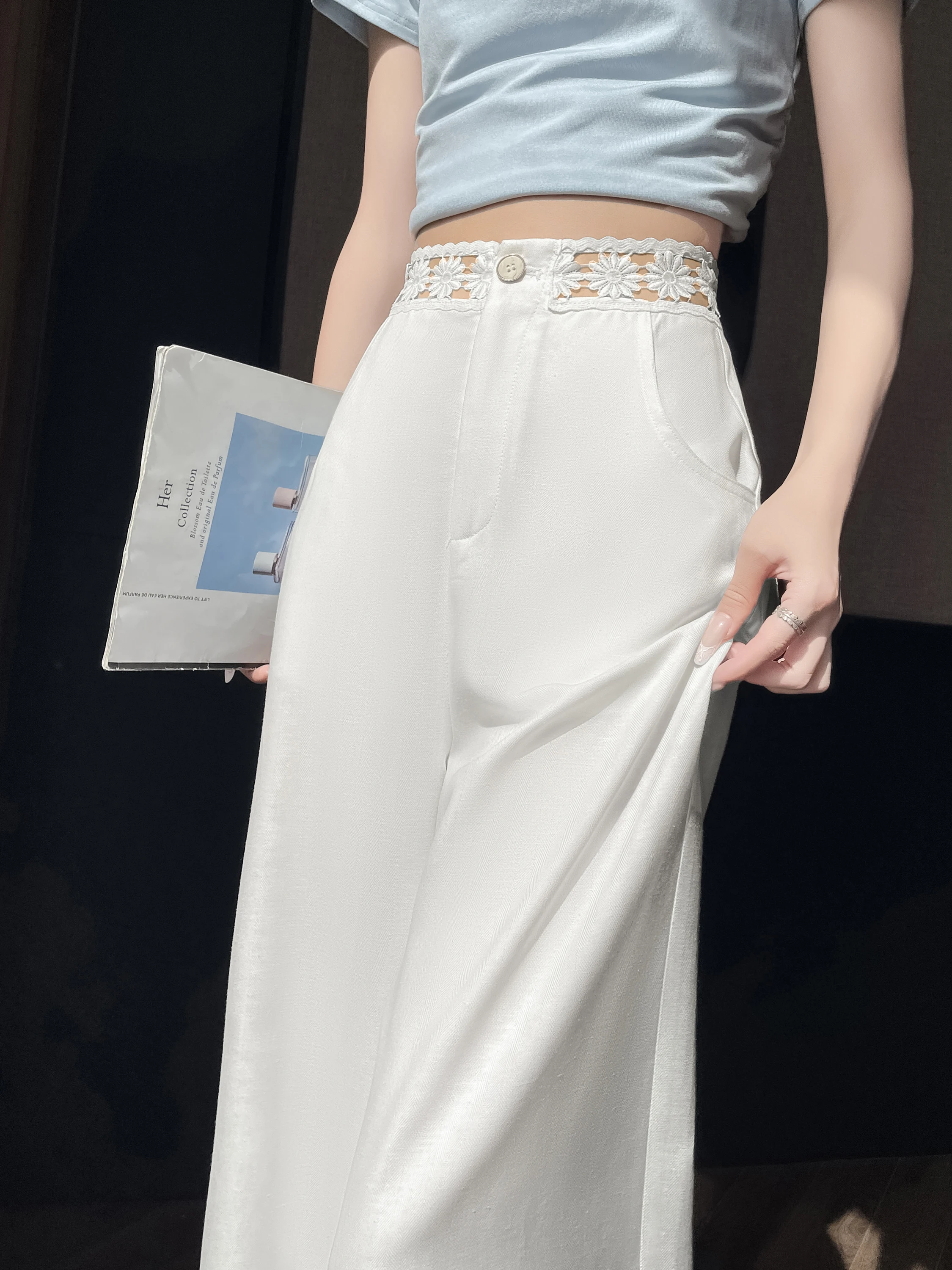 

White Linen Wide Leg Pants Women Summer Thin Casual Drape Loose Straight Long Pants Commute Style High Waist Button