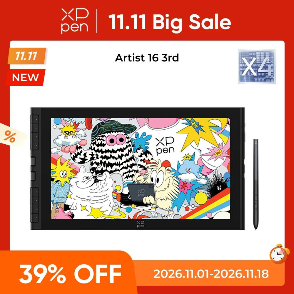 XPPen 아티스트 16 (3세대) 15.4인치 휴대용 드로잉 디스플레이 (8개 단축키, 2개 다이얼, X4 스마트 칩 스타일러스 포함) 윈도우, 맥, 안드로이드용