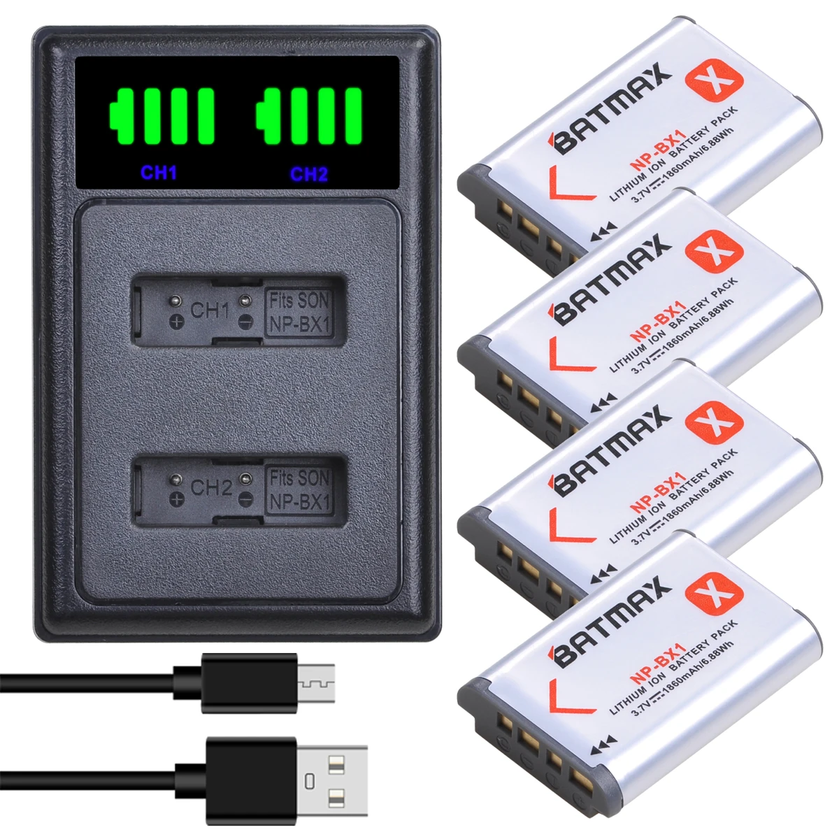 

Batmax NP-BX1 NPBX1 battery For Sony ZV-1 Log VFDR-X3000R RX100 AS100V AS300 HX400 HX60 AS50 WX350 Camera with LED Dual Charger