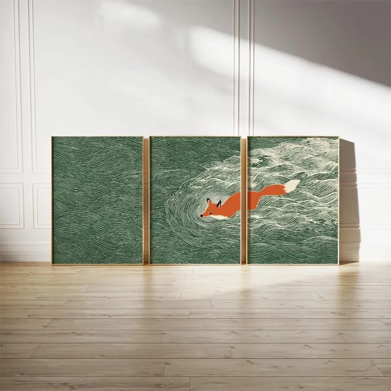 Japanese Fox Ocean Wall Art Set | Green Wave Triptych | 3 Posters Home Decor Frameless Canvas Art Wall Decoration Poster