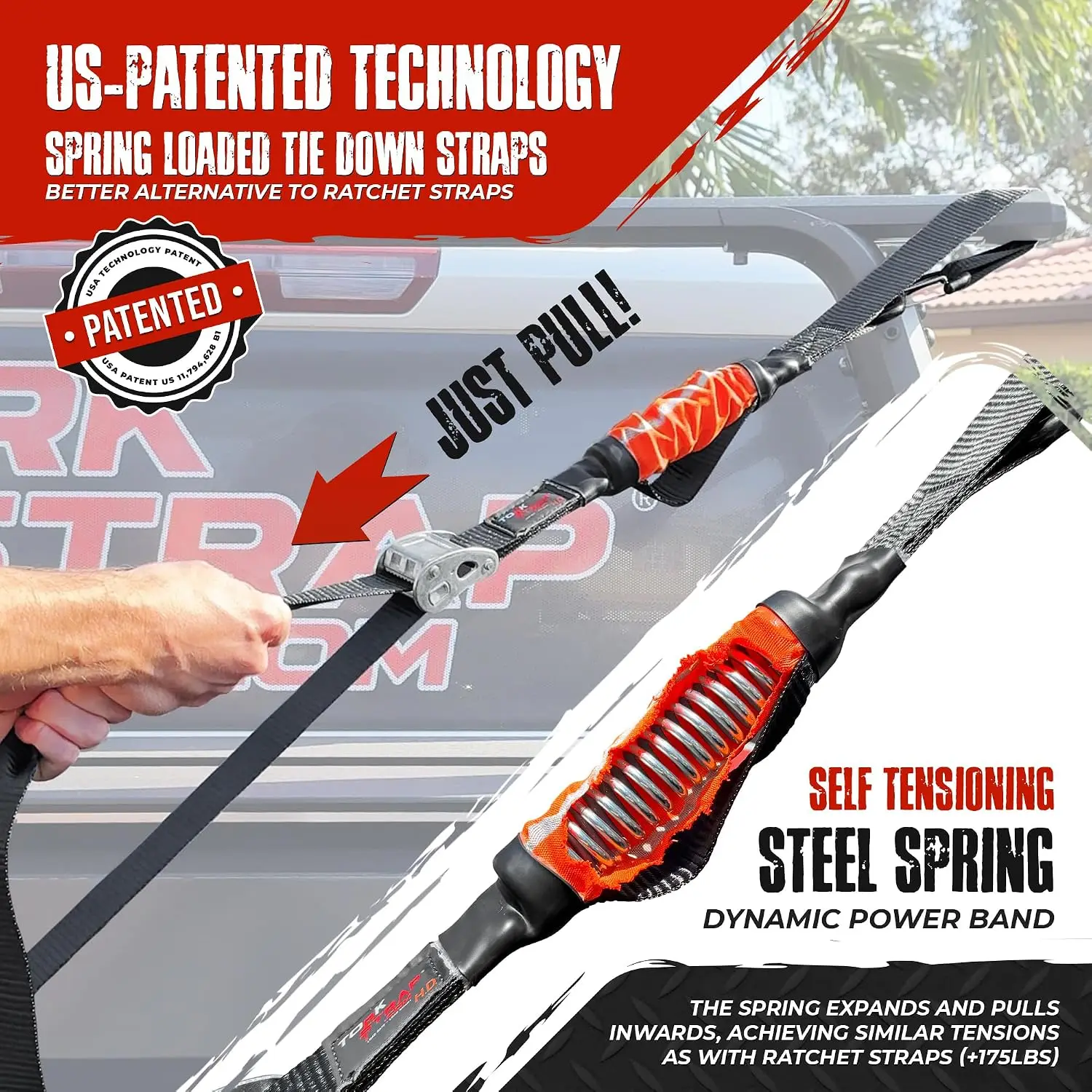 14' x 1.5'' Self Tensioning Tie Down Straps [Patented] - Automatically Adapt to Load Shifts - 2,250LB Break Strength - Pull