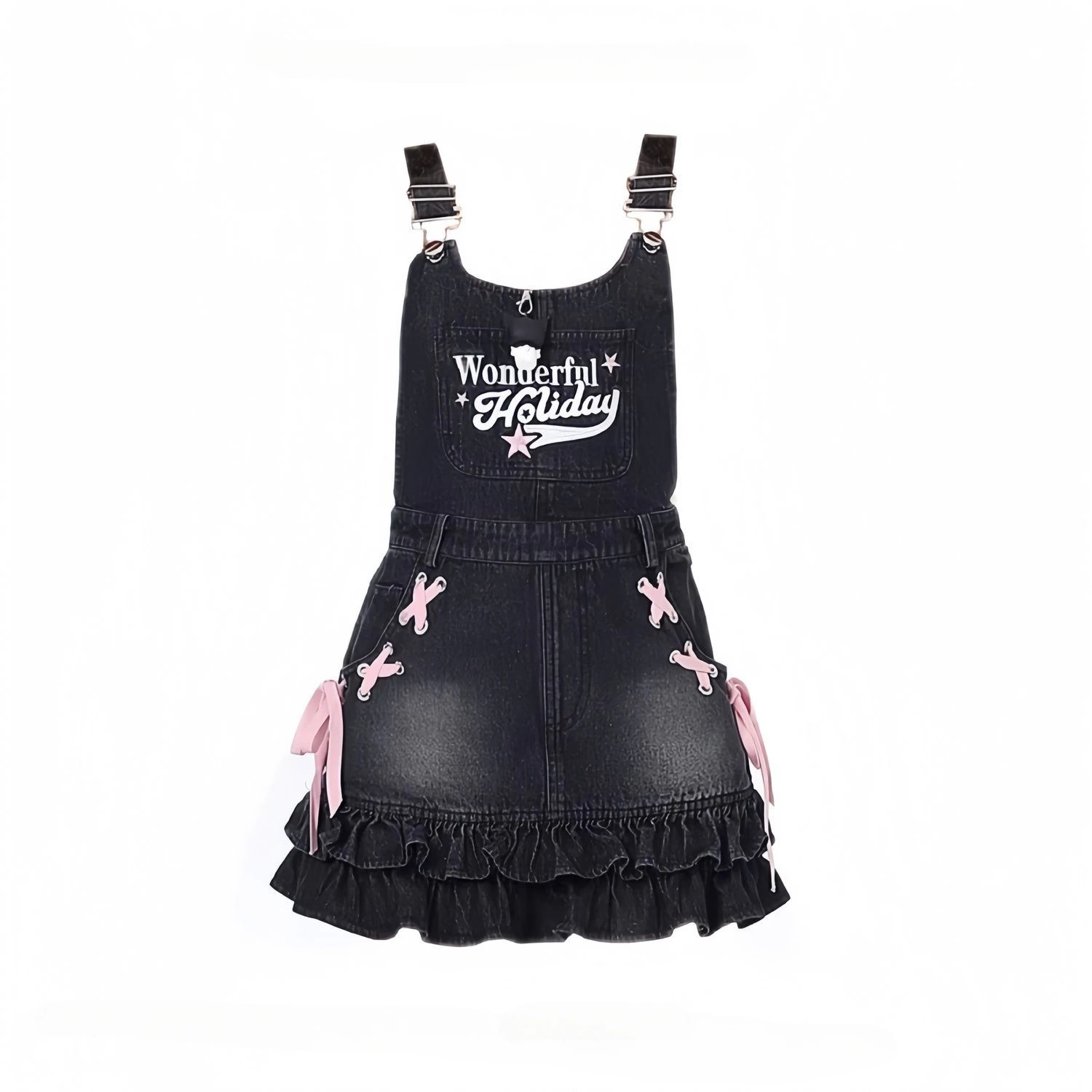 Hot Girl Letter Embroidered Bow Strapped Suspender Denim Dress Women's Fungus Edges Slim Waist Short Sling Dress Female Clothing