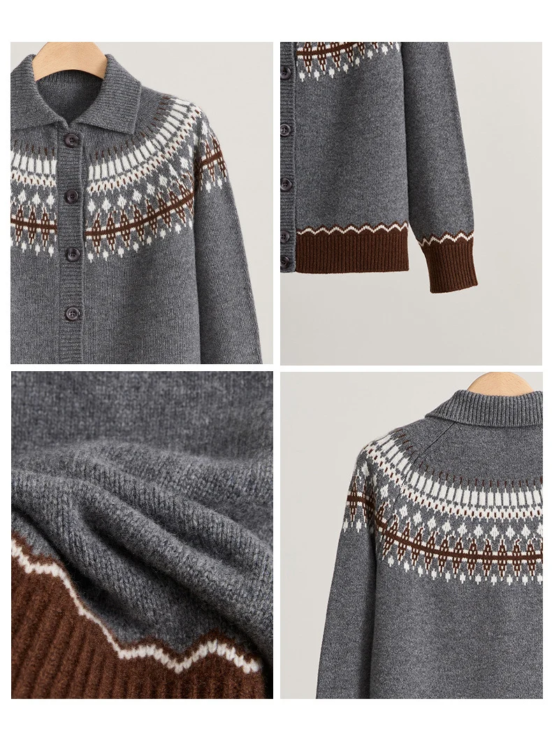 SuyaDream, Women Jacquard Cardigans, 100%Sheep Wool, Turn Down Collar, Christmas Sweaters, 2025 Fall Winter Knitted Jackets