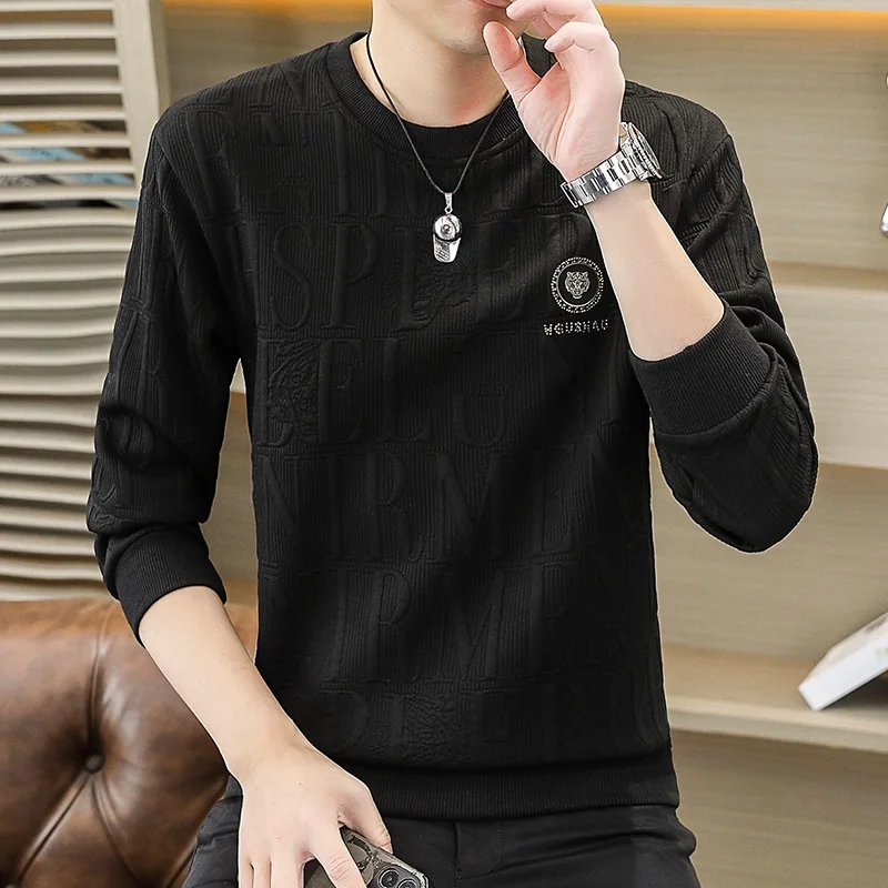 طويل Sve Crew Ne Sweatirt الرجال ربيع الخريف جديد Sle المطرزة قاعدة irt عادية مريحة البوليستر تي شيرت