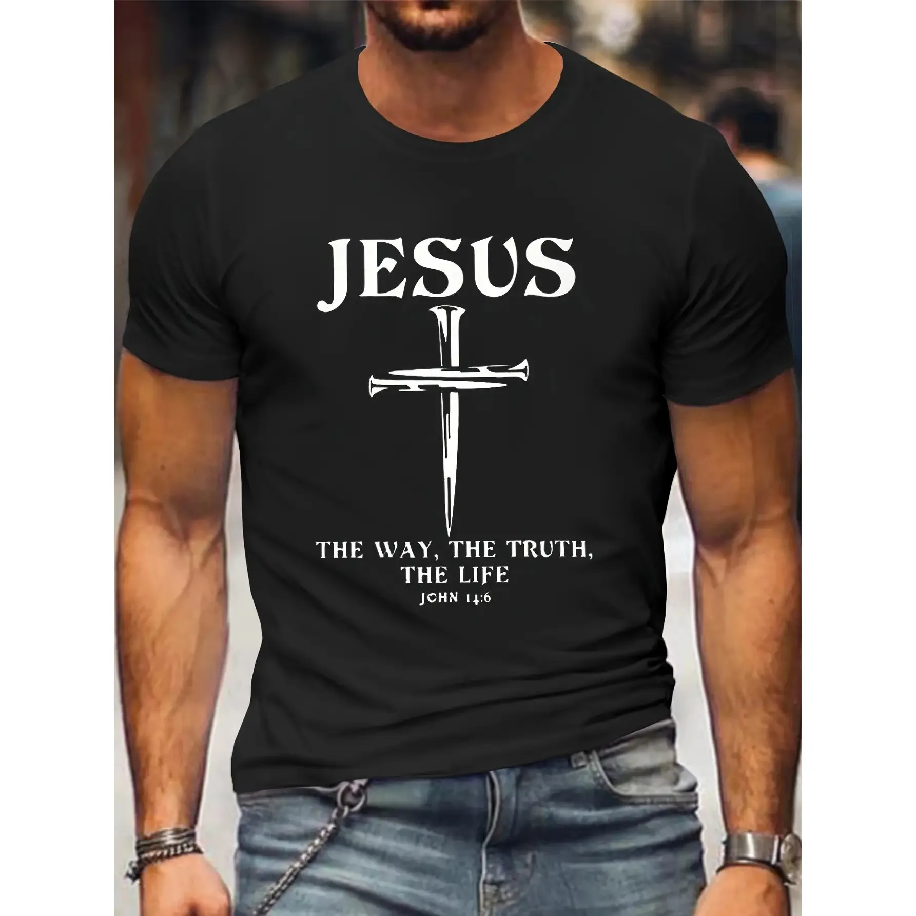 T-shirt en coton décontracté pour hommes, col rond, avec impression graphique Jesus The Way The Truth The Life