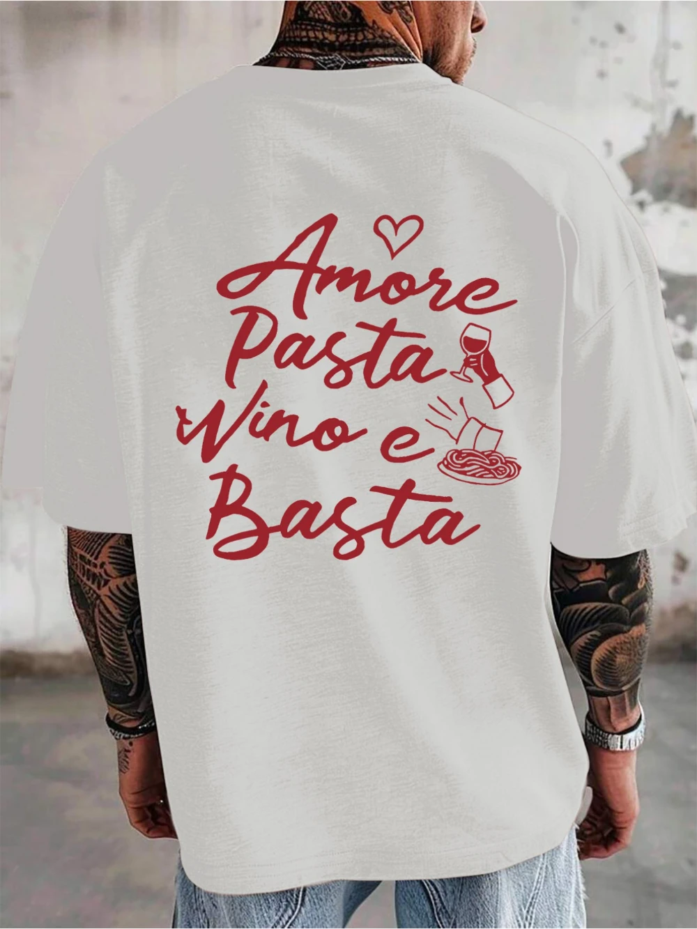 Men's Italian Wine Themed T-shirt  Spaghetti Print with Ital