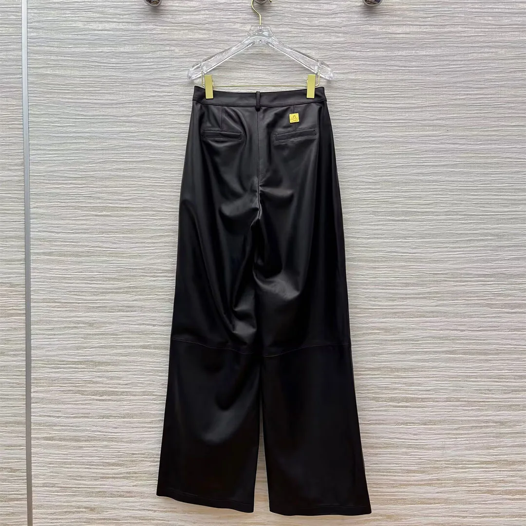 High Quality Black Soft 100% Sheepskin Wide Leg Pants Women High Waist Eye Button Gold Key Genuine Leather Loose Long Trousers