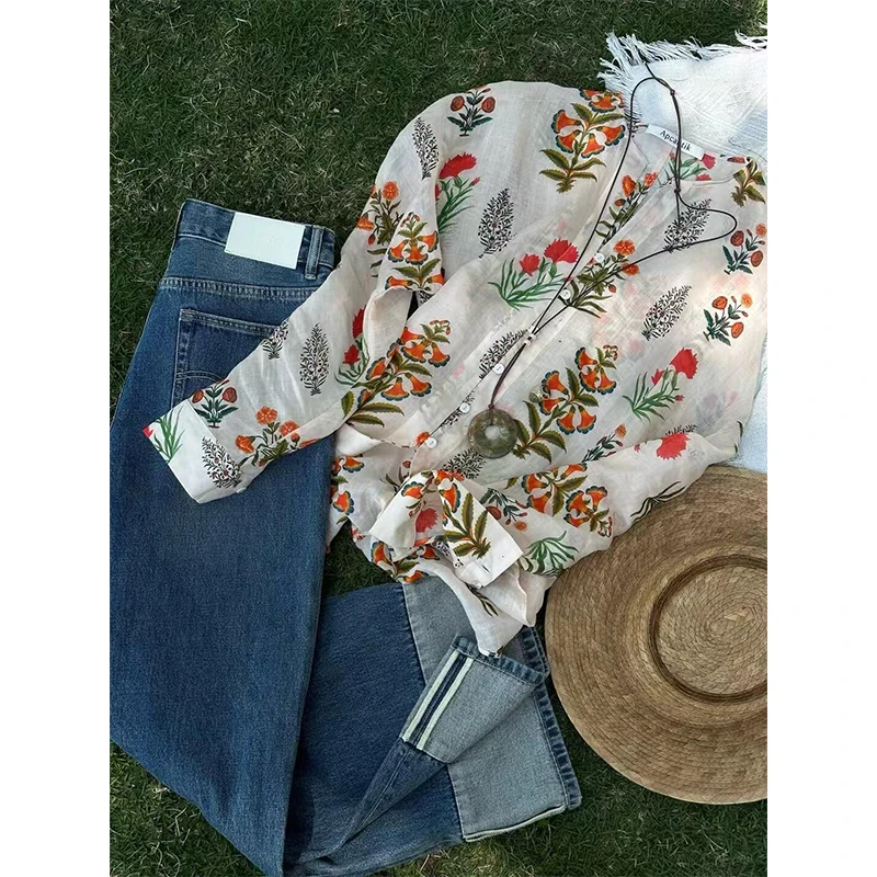 Blusas femininas de férias camisas coreanas moda solta primavera/verão roupas vintage impressas manga longa tops femininos