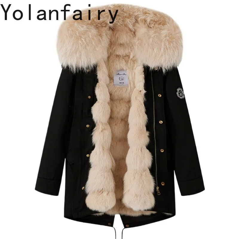 YOLANFAIRY High-end 100% Real Fur Genuine Coat Women Winter Mid-length Detachable Natural Whole Fox Fur Liner Hooded Parka 2026