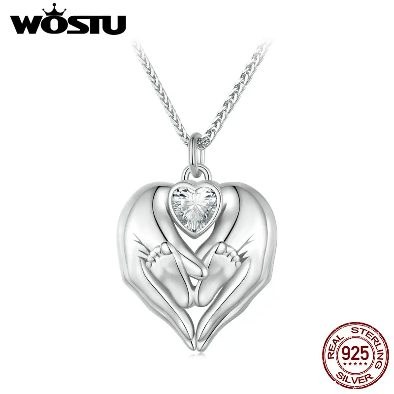 WOSTU Mother's Day Jewelry Gift 925 Sterling Silver Footprint Charm Necklace Heart shaped Openable Chain Necklace For Lover