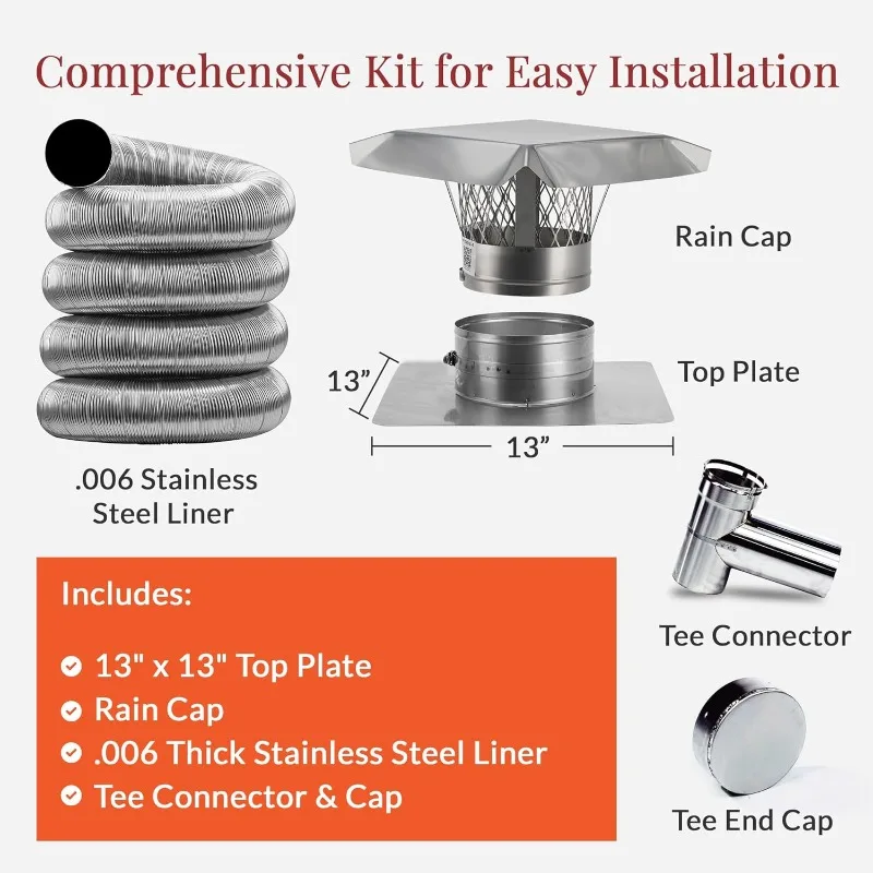 الصفحة الرئيسية. طقم بطانة مدخنة من الفولاذ المقاوم للصدأ | بطانة مدخنة مرنة من FireSafe مع موصل تي للمواقد الخشبية والتهوية | صنع في #4