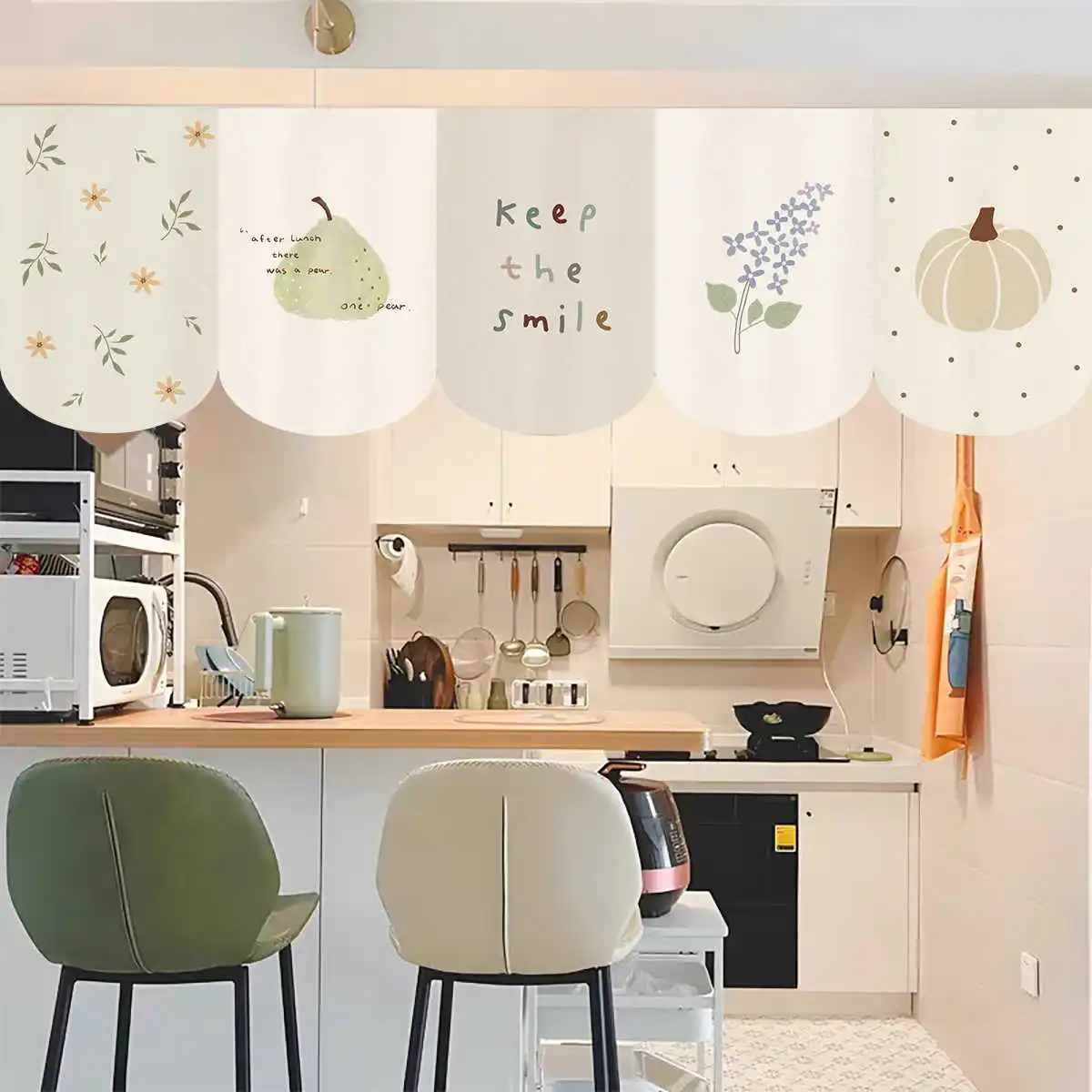 VIKAMA Rocking Horse Pear Pumpkin Letter Single Valance Curtain Velcro Punch Free Kitchen Range Hood Fabric Cover Curtain