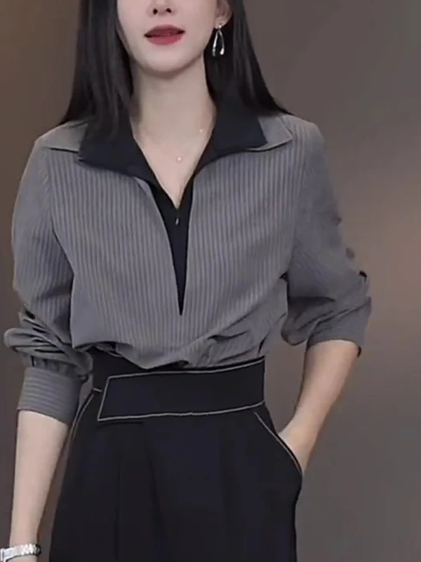 

Faionable ey f-Unbuttoned Fake Two-Piece Long Sve Women's irt Korean Sle Commute Wind Early Autumn New Top