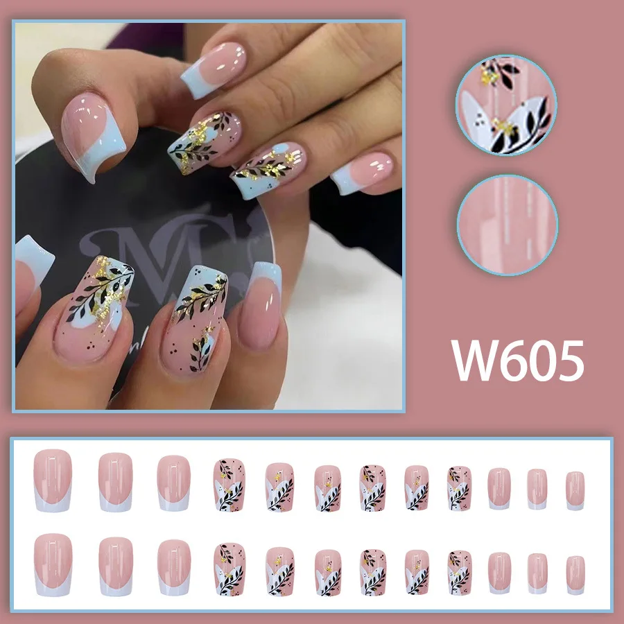 24pcs French Gold Sparkling Powder Press on Nails Black Leaves Simple Short Nails Full Cover Wearable False Nails