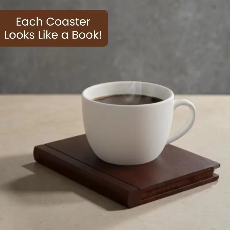 Vintage Book‑Shaped Wooden Coaster Set Hidden Secret Storage Cup Mats Home Bar Decor Gift