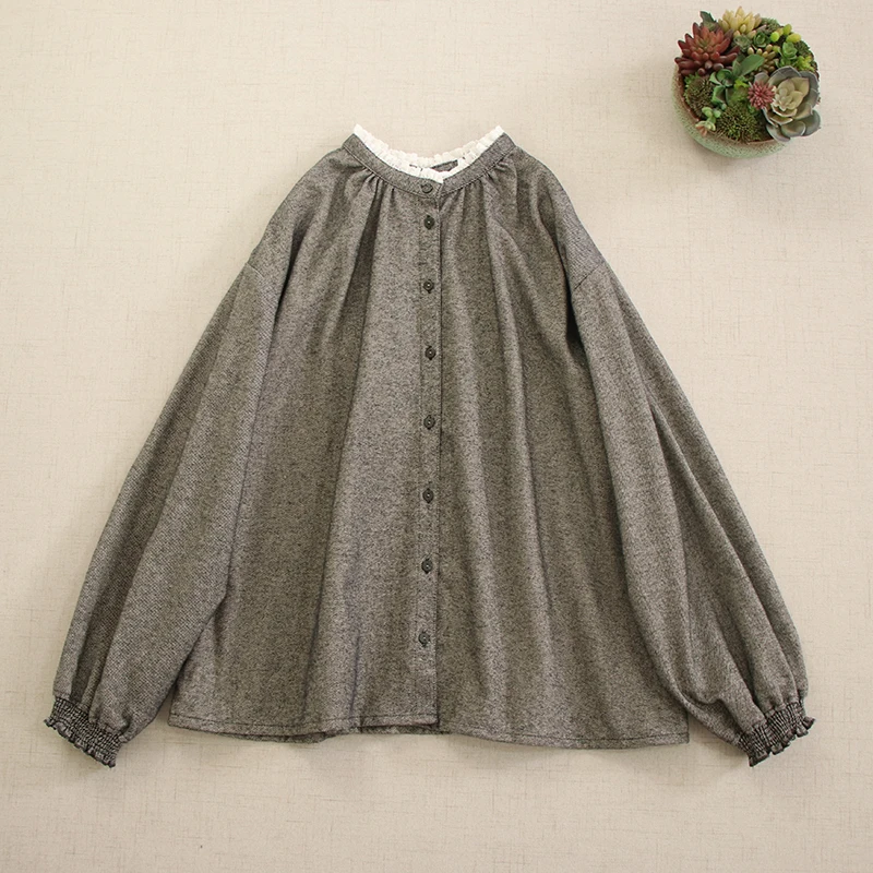 Japanese Mori Girl Vintage Single Breasted Cotton Shirts Women Spring New Stand Collar Long Sleeve Casual Loose Shirt Tops