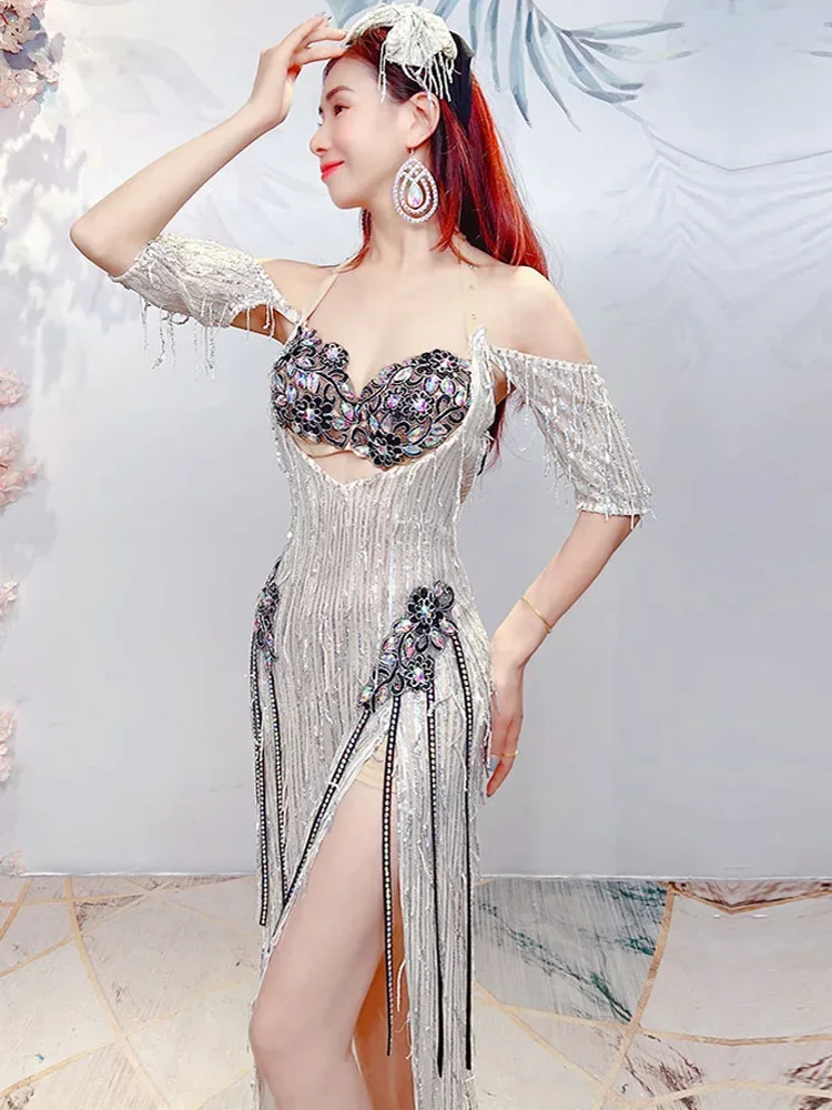 Bellydance Clothes Mermaid Sexy Long Dress Sequin Womens Oriental Belly Dance Costumes Dancing Outfits Bra+skirt Suit