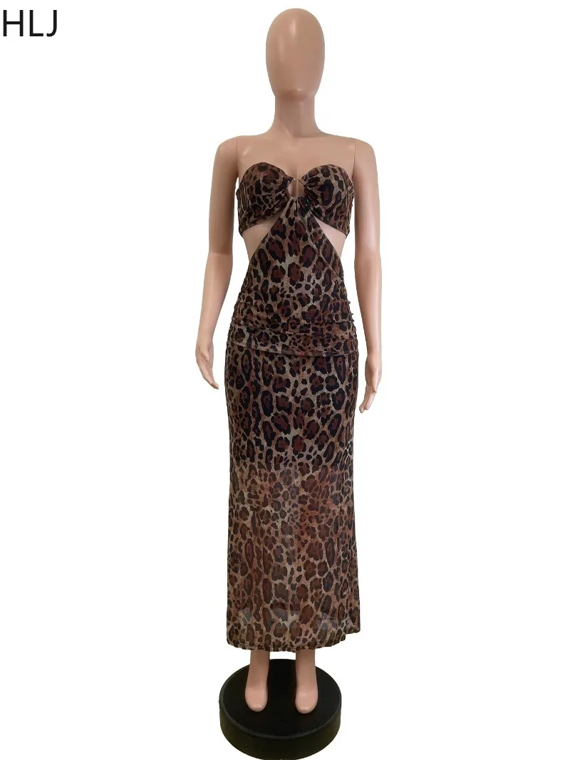 HLJ Sexy imprimé léopard longue robe femmes 2025 été nouveau évider sans manches dos nu moulante robes femme Streetwear robes