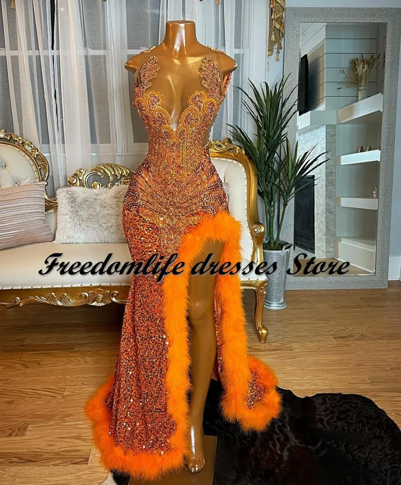 Orange Sequin Prom Dresses 2023 Sparkly Rhinestone Split Feathers Evening Dress Sheer Neck Black Girls Party Gowns