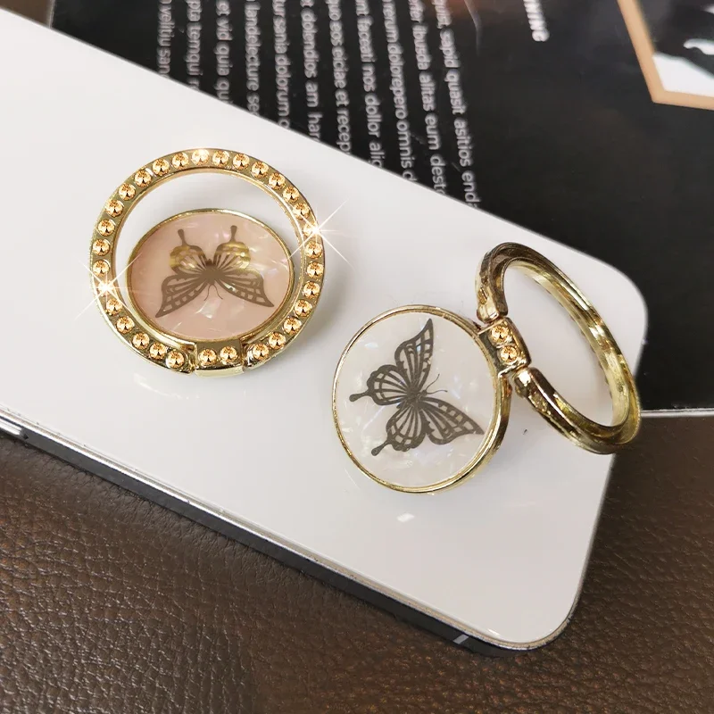 Butterfly Shell Pattern Ring Diamond Light Luxury Style Finger Ring Buckle Mobile Phone Bracket Women's Home Adhesive Bracket