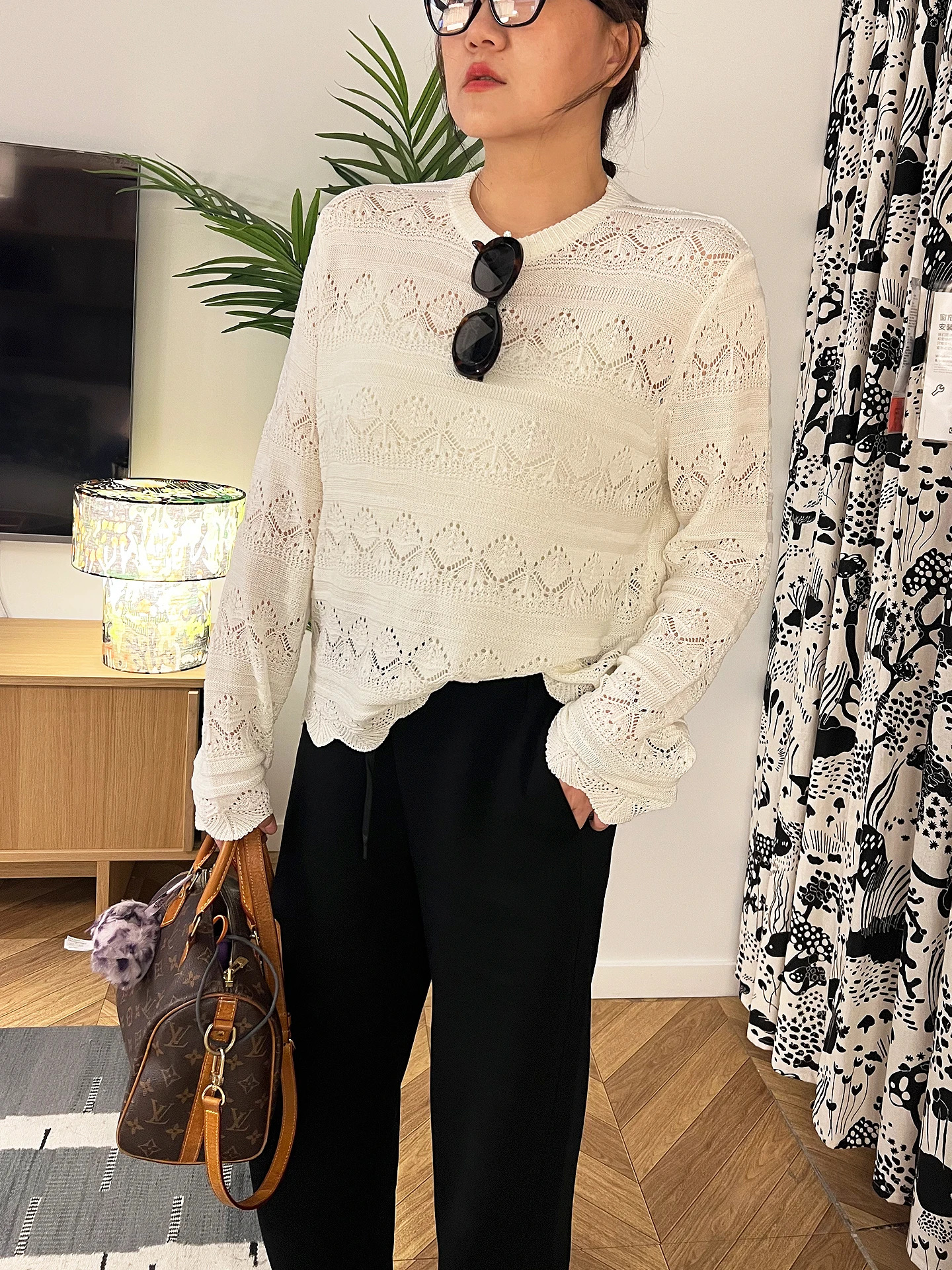 

Loose Knitted Sweater with Hook Pattern Ice Hemp Curved Bead Base Slimming Large Size Minimalist Style Women's Casual Wear