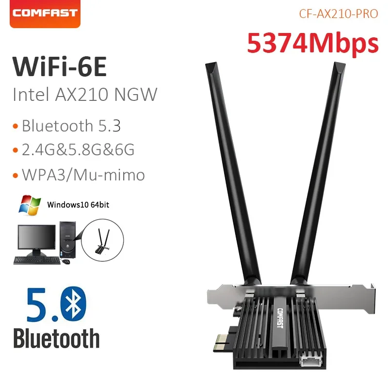 

WiFi6E Pcie Card 2.4/5.8G 11AX 5374Mbps Wireless WIFI Adapter with Bluetooth 5.3 AX210 PCI Wi-Fi Antenna For PC Win10/11 Linux