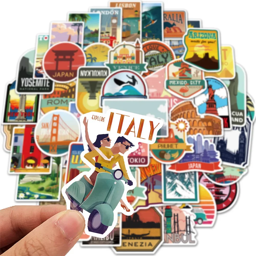 50PCS Cartoon World Tourism Scenery Anime Stickers Pack Laptop Phone Motorcycle Car Waterproof Sticker Classic Toy Gift