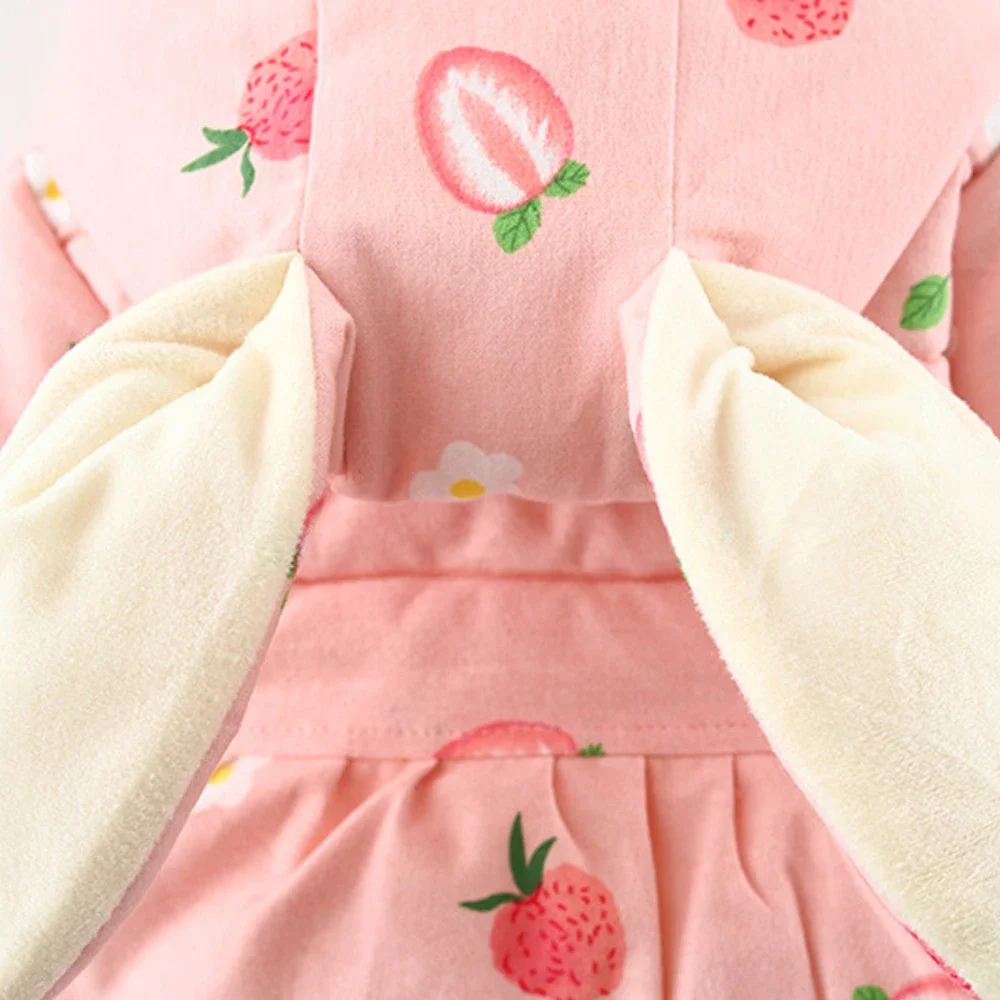 Girls\' Winter New Coat Rabbit Ears Strawberry Printed Long Sleeve Children\'s Cotton Jacket