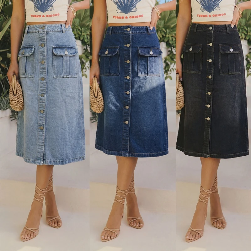 

Denim Skirts Women Mid Length Skirt A Line High Waist Slim Fit Button Elegant Splice Y2k Streetwear Work Casual Spring 2026