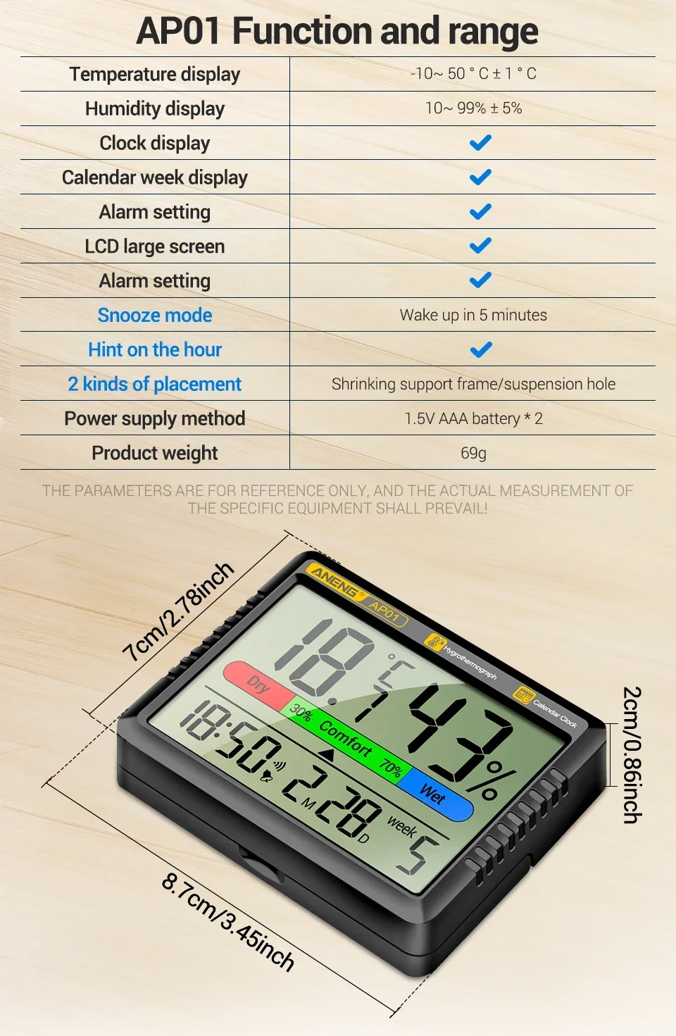 ANENG AP01 LCD Digital-Thermo-Hygrometer, elektronische Innenuhr, Multiszenenmessung, Lufttemperatur-Hygrometer, Testwerkzeuge – Detail 10