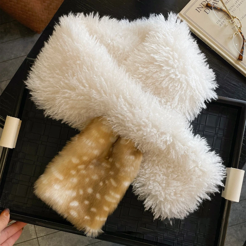 Winter New Lambswool Deer Girl Scarf Japanese Cute Plush Warm Splicing Cross Neck Dating Cosplay Kawaii Accessories Scarf