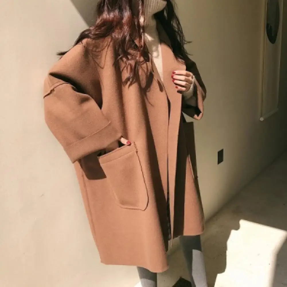 Women Winter Woolen Coat Thicken Elegant Turn-down Collar Pockets Notch Collar Women Coat Women Coat Autumn Spring Overcoat