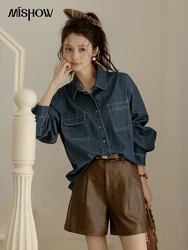 MISHOW Blue Denim Shirt Female Vintage Lapel Casual Top 2024 Fall New Long-sleeved Slim Shirts Single-Breasted Blouse MXD41C0310