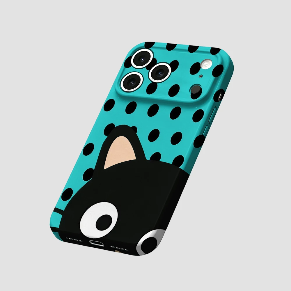 Turquoise Polka Dot Cat Phone Case For iPhone 17 16 15 14 13 12 11 Pro Max Air 16e 7 8 Plus XS Max X XR Hard PC Bumper Cover view 6