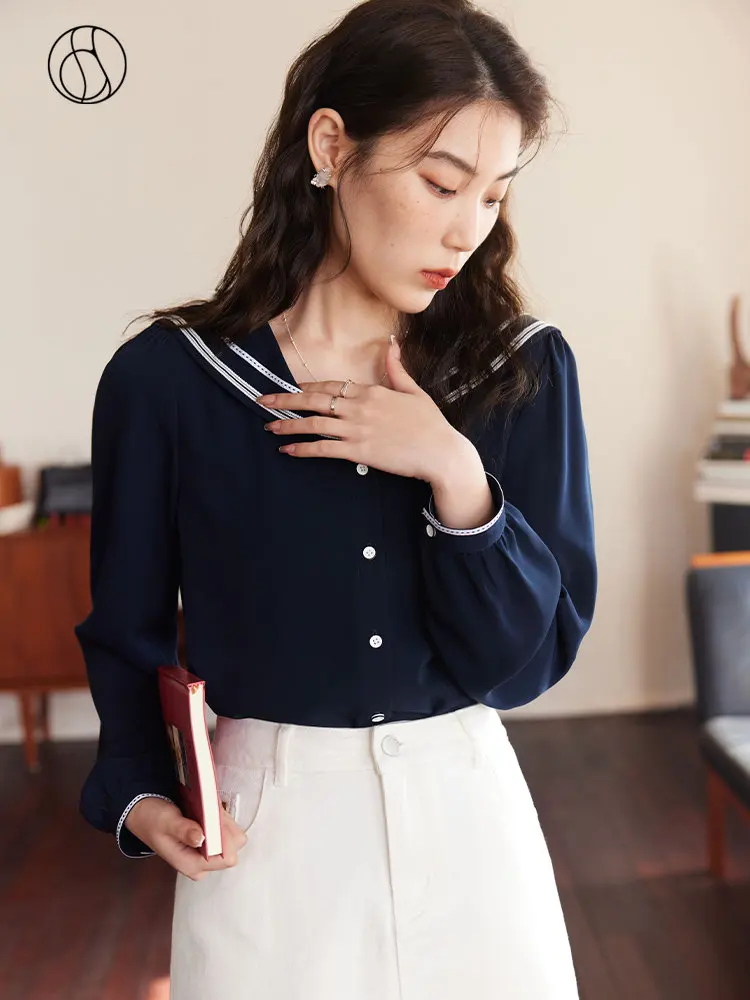 

DUSHU Sailor Collar Women Navy Blue Long Sleeve Straight Blouses 2023 Spring Single Breasted Casual Women Tops Chiffon Blouse