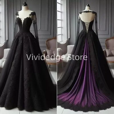 Customized Gothic Black and Purple Wedding Dresses Long Sleeves Corset A Line Bridal Gowns vestidos de novia de talla grande