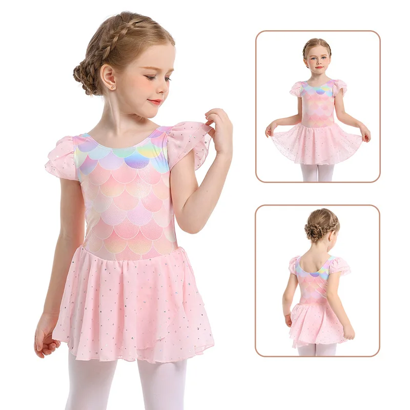 Children's dance suit, spring/summer short sleeved training suit, girl's digital printed body and ballet skirt