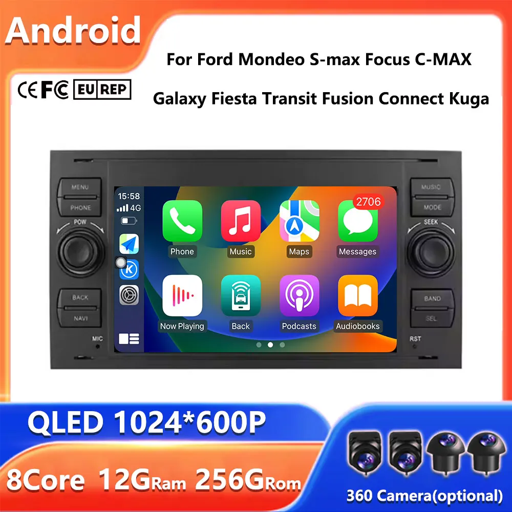Rádio de Carro DSP de 7 polegadas com Carplay e GPS para Ford Mondeo, S-max, Focus, C-MAX, Galaxy, Fiesta, Transit, Fusion, Connect, Kuga, Reprodutor de Vídeo Multimídia
