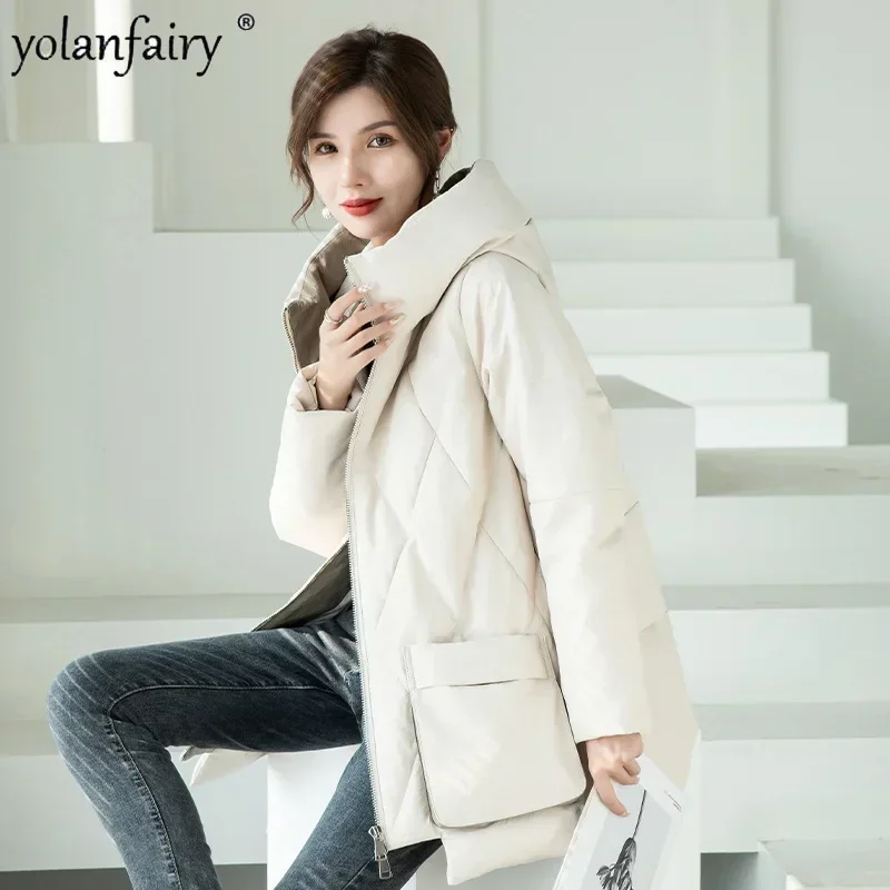 2023 New Genuine Leather Mid Long Down Coat Women's Winter Sheepskin Jacket Loose Fit Diamond Plaid Korean Style Outwear FCY5198