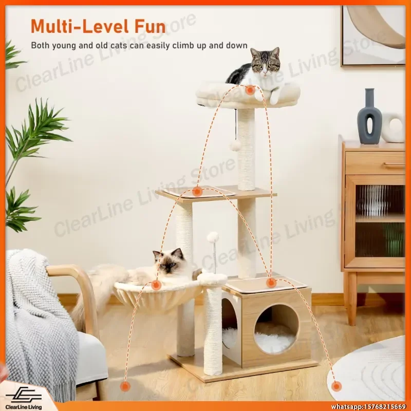 Modern Cat Tree for Indoor Cats Multi-Level Wooden Cat Tower with Cozy Condo Hammock Sisal Scratching Posts Kitten House Cat - view 4