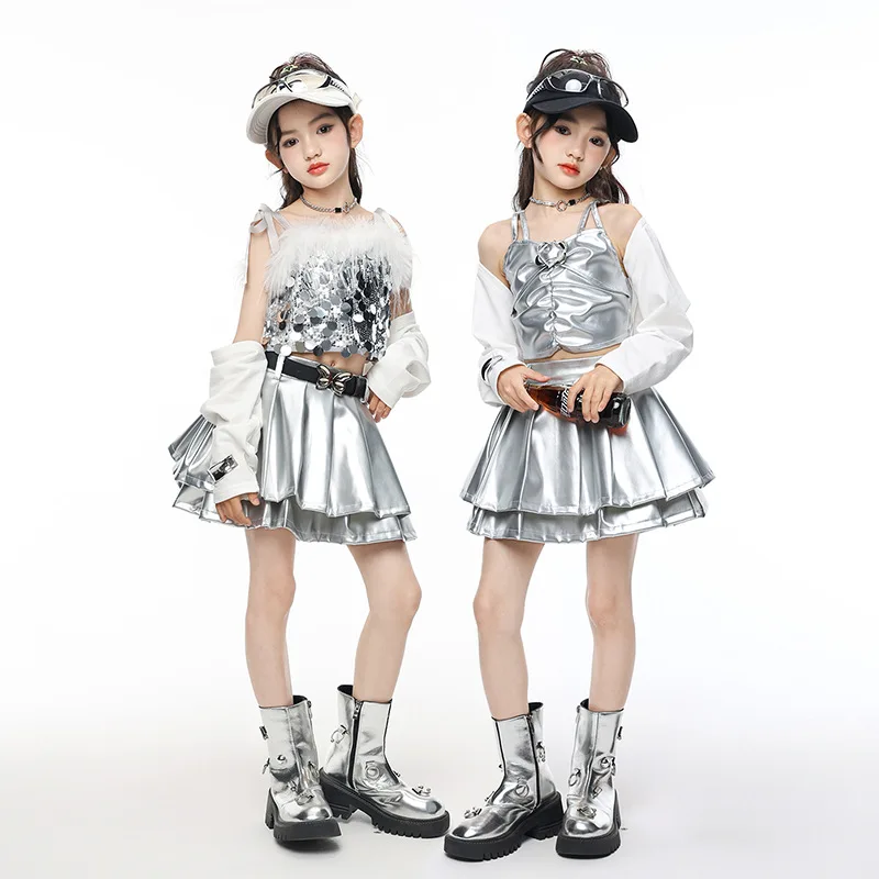 Kid Cool Silver Hip Hop Clothing Sequin Crop Camisole Tank Cardigan Top Pleated Mini Skirt for Girls Jazz Dance Costumes Clothes