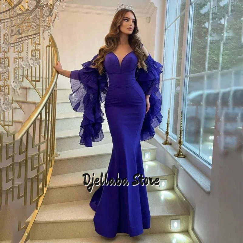 فستان حفلات أسود أنيق على شكل حرف v وكشكشة للحفلات الراقصة من الساتان مطوي حورية البحر فساتين سهرة للنساء رداء du soir مخصص